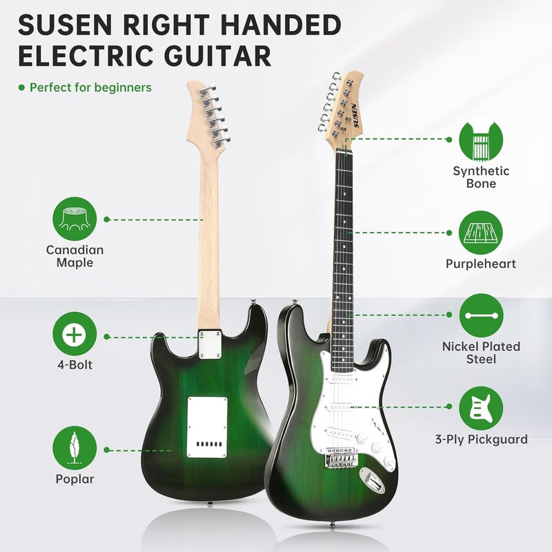 SUSEN Electric Guitar, 39 Inch Solid Full-size Electric Guitar S-S-S Pickups Starter Kit Includes Amplifier, Bag, Digital Tuner, Strap, String, Cable, Picks，Mini AMP（Green (Green) - Image 3